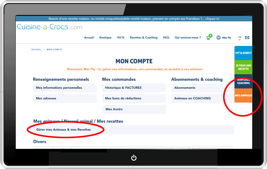 Mon compte Cuisine-a-crocs - Mes animaux